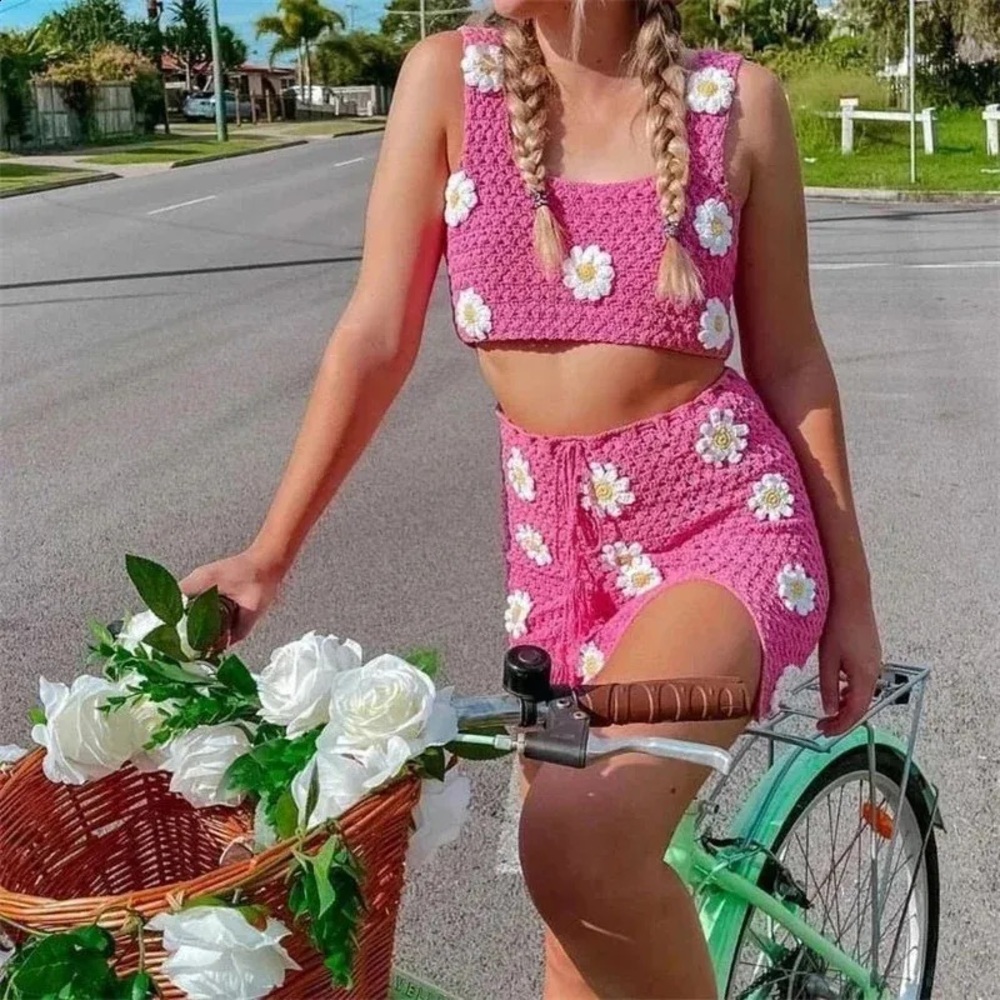 Pink Crochet Daisy Two Piece Set Small Floral Knit Tank Mini Skirt